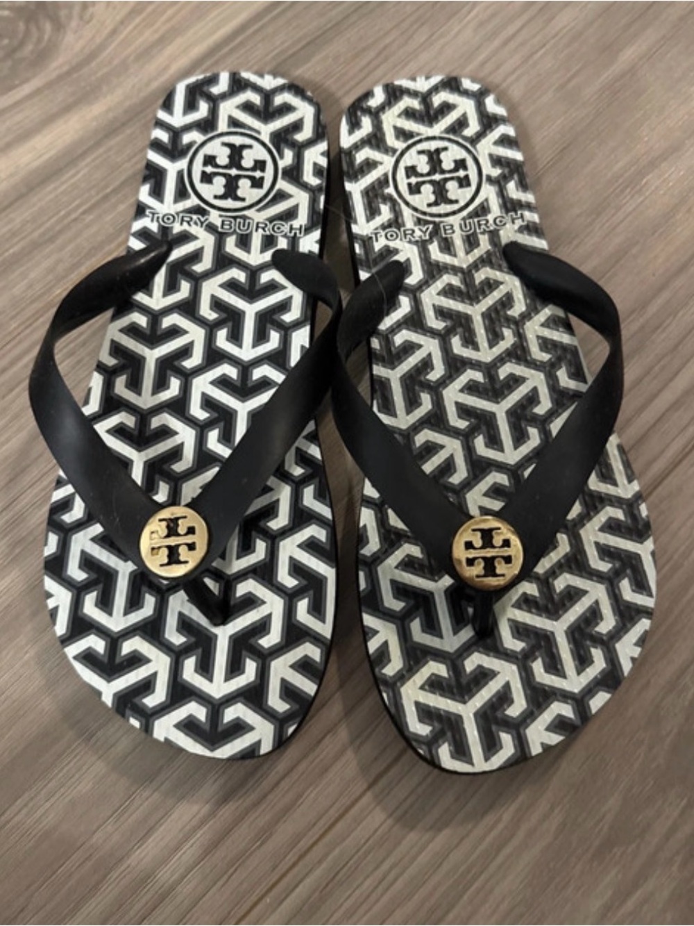 Tory Burch Black & White Logo Pattern Flip Flop Sandals